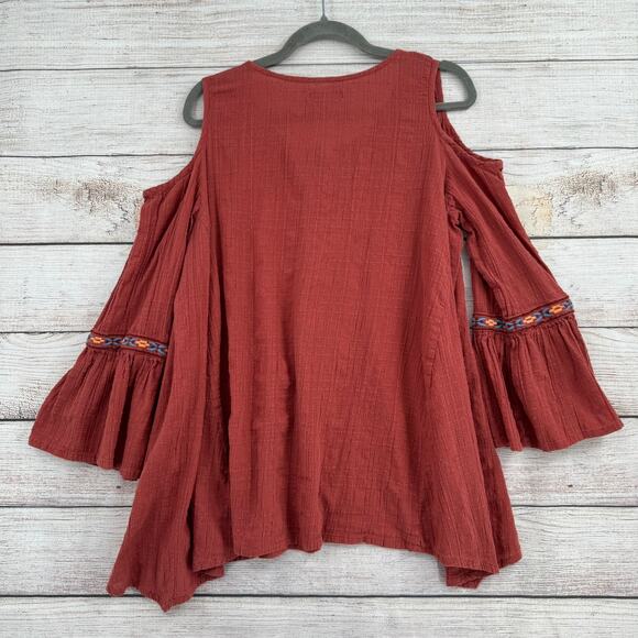 World Market BOHO Embroidered Cold Shoulder Blouse Womens L XL Brick Red - Picture 2 of 11